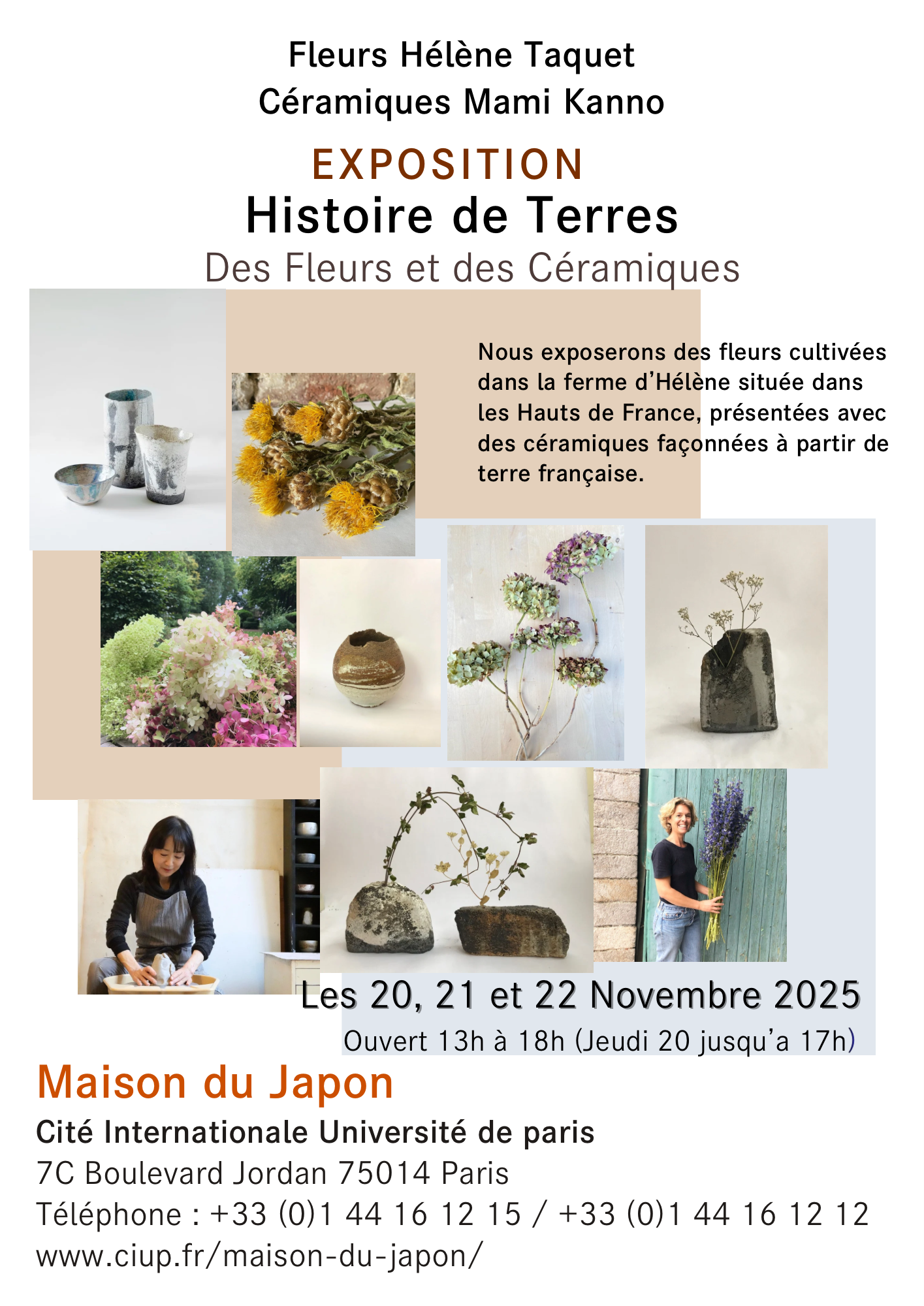 HISTOIRE DE TERRES – Des fleurs et des céramiquesLes 20, 21, 22 novembre à 13h -18h　jeudi 20 jusqu’à 17h